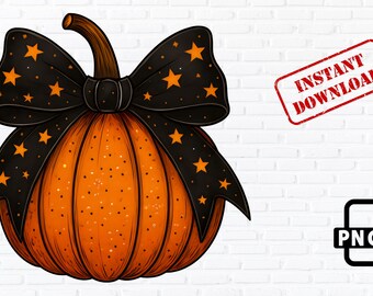 Retro Halloween Pumpkin PNG: Star Bow Clipart (Digital Download