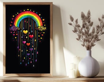 Rainbow Hearts Nursery Art Print, Colorful Love Joy Canvas (Digital Download)