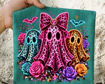 Boo-jee Ghost PNG Trio, Neon Leopard Halloween Clipart, Glow Bow Sublimation Design (Digital Download)
