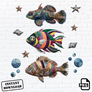Patchwork Faux Fish PNG, Colorful Tropical Fish Sublimation ,Coastal Ocean (Digital Download)