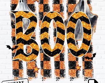 Boo Ghost PNG, Buffalo Plaid Halloween Clipart, Glitter Chevron Sublimation Design, (Digital Download)