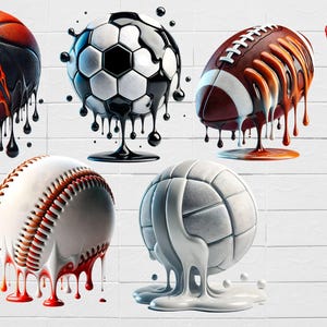 Peut inclure: Cinq ballons de sport différents, dont un ballon de basket, un ballon de football, un ballon de football américain, un ballon de baseball et un ballon de volley-ball, sont représentés en train de dégoutter de peinture. Les ballons sont disposés en rangée sur un fond de mur en briques blanches. La peinture coule en différentes couleurs, dont l'orange, le noir, le brun, le rouge et le blanc.