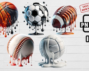 Dripping Sports Ball PNG, Basketball, Soccer, Football, Baseball, Volleyball, Sublimation Design, Sports Lover Clipart, Instant Download