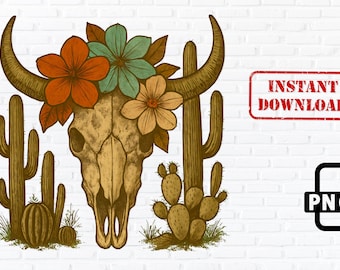 Kwiatowa czaszka krowy PNG: Boho Western Clipart (Pobieranie cyfrowe)