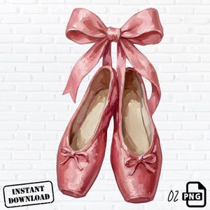 Peut inclure: Une paire de chaussons de danse roses avec un nœud assorti, suspendue devant un mur de briques blanches. Les chaussures ont de petits nœuds sur les orteils. L'image a un style pictural, avec des coups de pinceau visibles et une sensation douce et romantique.