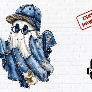 Op de afbeelding: Een grillige illustratie van een spook met een denim baseballpet en een bril. Het spook is gehuld in een patchwork denim outfit met bloemen- en fleur-de-lis patronen. De afbeelding bevat een rode "INSTANT DOWNLOAD" stempel en een PNG-bestandspictogram.