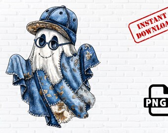 Patchwork Denim Ghost PNG: Hipster Halloween Digital Download