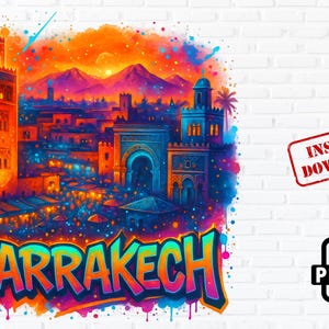 May include: A colorful digital painting of the city of Marrakech, Morocco. The painting features a vibrant sunset sky, a bustling marketplace, and a tall minaret. The text "MARRAKECH" is written in a graffiti style across the bottom of the painting.