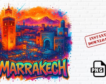 Marrakech PNG | Arte de Paisagem Urbana Marroquina | Sublimação da Mesquita Koutoubia | Ilustração de Mercado Oriental | Download Digital Instantâneo