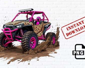 May include: A pink and black off-road vehicle with a leopard print design. The vehicle is kicking up mud and has the words "INSTANT DOWNLOAD" and a PNG icon.