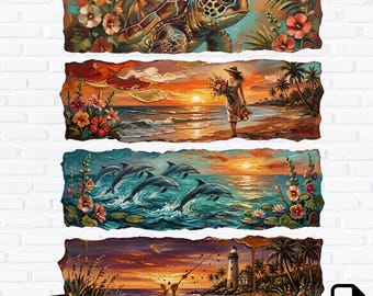 Coastal Oil Painting PNG, Tropical Beach Sunset, Sea Turtle Dolphin Summer Design (Digital Download)