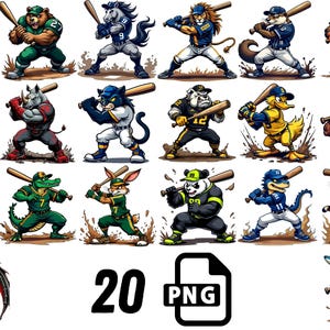 20 Baseball Animal Mascot PNG Pack, Sports Sublimation Clipart for Kids & Adults, Digital Download, T-Shirt Design, Trendy PNG Art