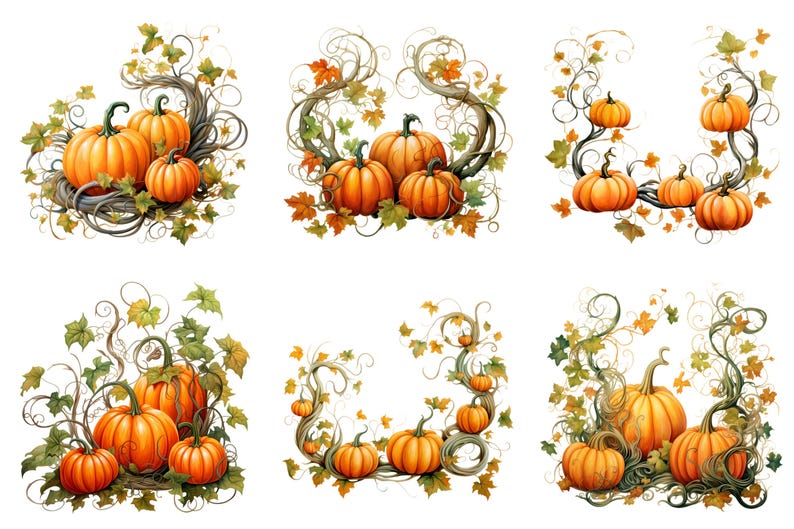 K&ouml;nnte beinhalten: Aquarellillustrationen von K&uuml;rbissen mit gr&uuml;nen Ranken und Herbstbl&auml;ttern. Die K&uuml;rbisse sind in verschiedenen Gr&ouml;&szlig;en und Oranget&ouml;nen gehalten. Die Ranken und Bl&auml;tter bilden dekorative Rahmen und Arrangements f&uuml;r Herbstthemen.