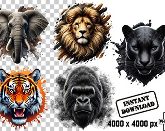 Puede incluir: Un collage digital de cinco cabezas de animales: un elefante, un león, una pantera, un tigre y un gorila. Cada animal está rodeado de una salpicadura de color.