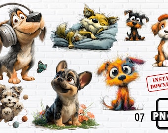 Cute Cartoon Dogs PNG Bundle, Funny Puppy Clipart Set, Digital Dog Illustrations for Sublimation,Funny Quirky Dog Clipart,Quirky  png