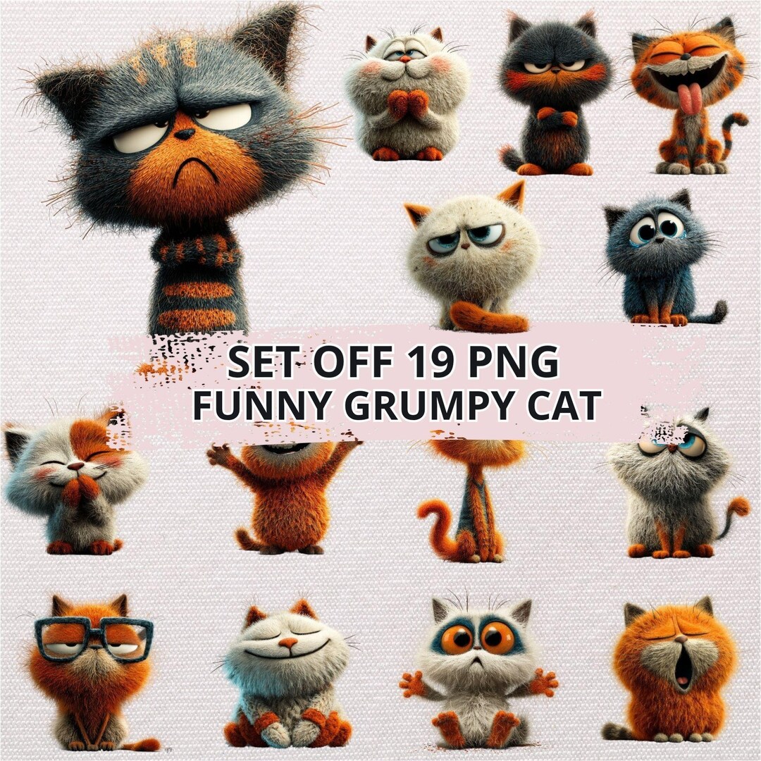 Grumpy Cat PNG Bundle, Funny Meme Clipart Set, Cartoon Pet Characters ...