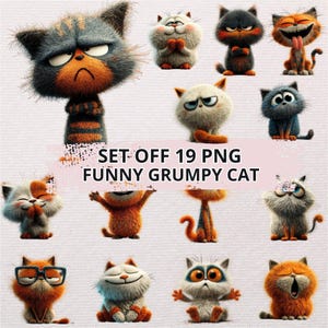 May include: A collection of 12 cartoon cat illustrations with various expressions. The cats are in different colors, including orange, gray, and white. The text "SET-OFF 19 PNG FUNNY GRUMPY CAT" is displayed across the image.
