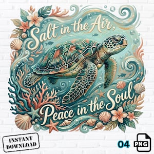 Puede incluir: Una ilustración digital que muestra una tortuga marina nadando entre corales, conchas y flores. El texto dice Salt in the Air, Peace in the Soul. La paleta de colores incluye tonos verde azulado, coral, melocotón y crema con motivos de agua.