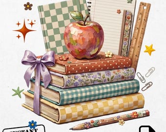 Coquette Teacher Apple PNG, Vintage Book Stack Clipart (Digital Download)