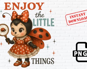 Clipart di coccinella PNG: arte retrò kawaii, citazione ispiratrice (download digitale)