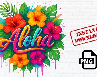 Aloha PNG: Tropical Hibiscus Flowers, Summer T-Shirt Design (Digital Download)