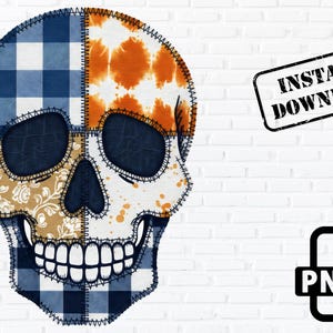 May include: A digitally created skull design with patchwork patterns. The skull features sections of blue and white plaid, orange tie-dye, and floral patterns. The image includes the text "INSTANT DOWNLOAD" and a PNG file icon.
