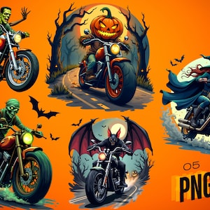 Spooky Halloween Motorcycle Riders PNG Bundle – Witch, Pumpkin Head, Vampire, Mummy, and Werewolf Sublimation Designs,Halloween biker