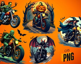 Spooky Halloween Motorcycle Riders PNG Bundle – Witch, Pumpkin Head, Vampire, Mummy, and Werewolf Sublimation Designs,Halloween biker