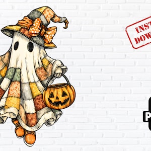 May include: An illustrated ghost character in a patchwork hat and cloak, carrying a pumpkin bucket. The ghost has black eyes and orange shoes. The image includes a red stamp that says "INSTANT DOWNLOAD" and a PNG file icon.