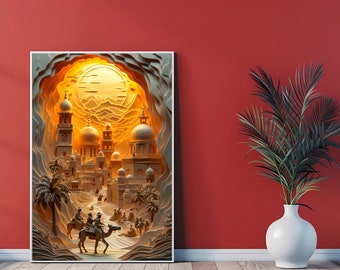 Arabian Desert Cityscape Art Print: Camel Caravan Sunset (Digital Print)