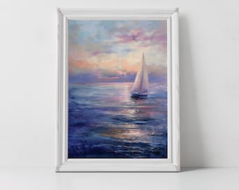 Sailboat Sunset Art Print: Tranquil Ocean Seascape (Digital Download)