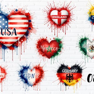 May include: Watercolor hearts with flags of the USA, England, Colombia, Mexico, Morocco, Canada, France, and Germany. Each heart is surrounded by colorful paint splatters. The USA heart has the word "USA" in white.