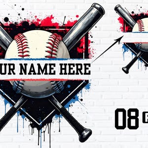 Op de afbeelding: Honkbal-thema grafiek met een honkbal, gekruiste knuppels en een ruimte voor tekst met "YOUR NAME HERE". Het ontwerp heeft rode, witte en blauwe accenten, met een bakstenen achtergrond en een PNG-bestandspictogram.