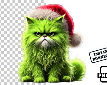 Funny Green Christmas Cat PNG,Funny Santa Cat Clipart,Holiday Humor,Christmas Meme Cat,Green Xmas png,Christmas Cat Humor,Cat Lovers