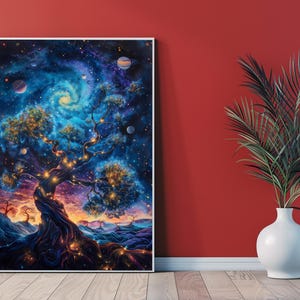 Galaxy Baum Wandkunst - Kosmische Natur Digitaldruck für Wohnkultur - Kosmischer Baum Digitaldruck - Mystischer Nachthimmel Poster
