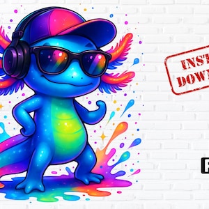 May include: A vibrant illustration of a blue axolotl wearing sunglasses, headphones, and a cap. The axolotl is surrounded by colorful paint splatters. The image includes the text "INSTANT DOWNLOAD" and a PNG file icon.