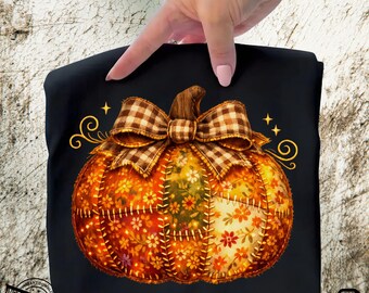Glowing Patchwork Pumpkin Bow PNG, Neon Fall Harvest Sublimation Design, Cozy Autumn (Digital Download)