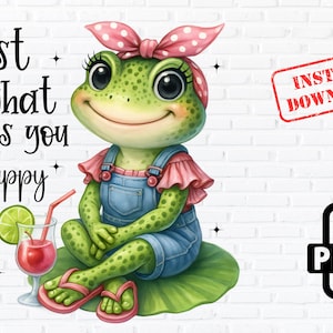 Cute Frog PNG,Just Do What Makes You Happy Quote,Funny Summer Frog Sublimation,Retro Cottagecore Animal Clipart,kawaii  frog illustration
