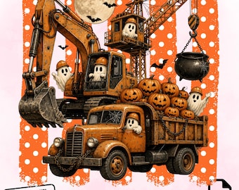 Spooky Ghost Construction Truck Halloween PNG, Pumpkin Excavator Digger Sublimation (Digital Download)
