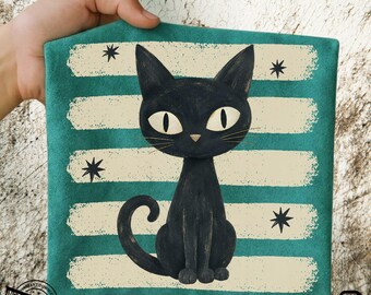 Black Cat PNG, Folk Art Halloween Clipart, Primitive Sublimation Design, Spooky Kitty (Digital Download)
