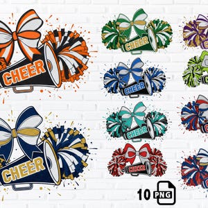 Peut inclure: Dix graphiques PNG de cheerleading. Chaque visuel présente un mégaphone avec le mot « CHEER », un nœud et des pompons dans diverses combinaisons de couleurs, notamment orange, vert, bleu, violet et rouge. Les graphiques sont placés sur un fond de briques blanches.