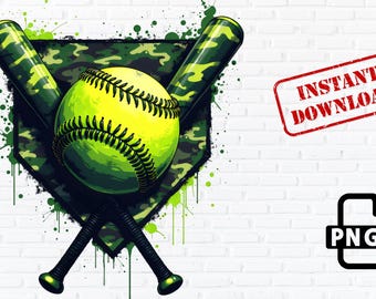 Camo Neon Green Softball PNG: Camouflage Bats Clipart (Digital Download)
