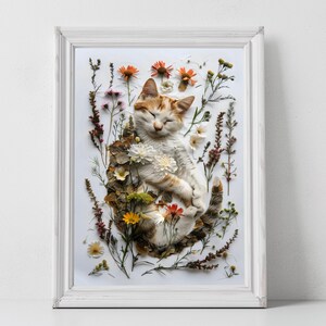 Floral Cat Wall Art - Adorable Sleeping Cat with Flowers | Botanical Art Print | Instant Download,Printable Cat Poster,Cat Lover Home Decor