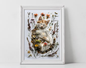 Floral Cat Art Print: Sleeping Kitten, Botanical Home Decor (Digital Download)