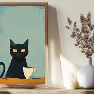 Black Cat Coffee Cup Art Print: Cozy Kitchen Decor (Digital Download)