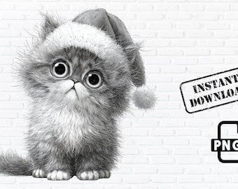 Christmas Cat PNG – Holiday Kitten Illustration, Santa Hat Cat Clipart (Digital Download)