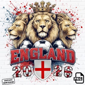 Könnte beinhalten: Digitalgrafik mit drei Löwenköpfen mit goldener Krone, Fußbällen und dem Wort "ENGLAND" in Rot. Das Bild enthält die Zahlen "2026" und die englische Flagge.