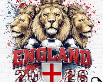 Peut inclure: Graphique numérique avec trois têtes de lion portant une couronne dorée, des ballons de football et le mot "ENGLAND" en rouge. L'image comprend les chiffres "2026" et le drapeau anglais.