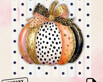 Glam Pumpkin PNG, Gold Glitter Polka Dot Clipart, Coquette Bow Sublimation Design(Digital Download)