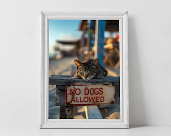 おもしろ猫「犬禁止」ウォールアートプリント（デジタルダウンロード）